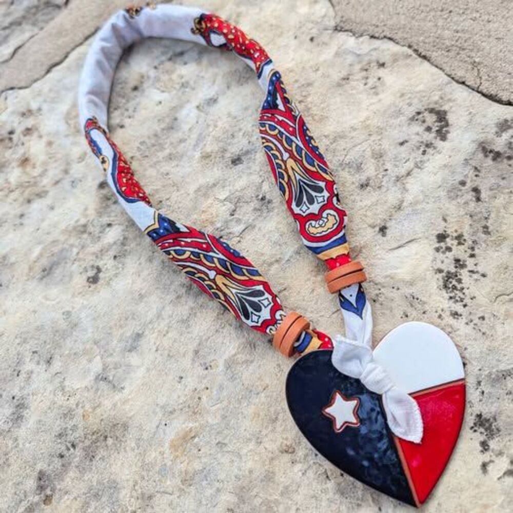 TEXAS Love Southern Bandana necklace clay ceramic beads handmade wearable art Ju